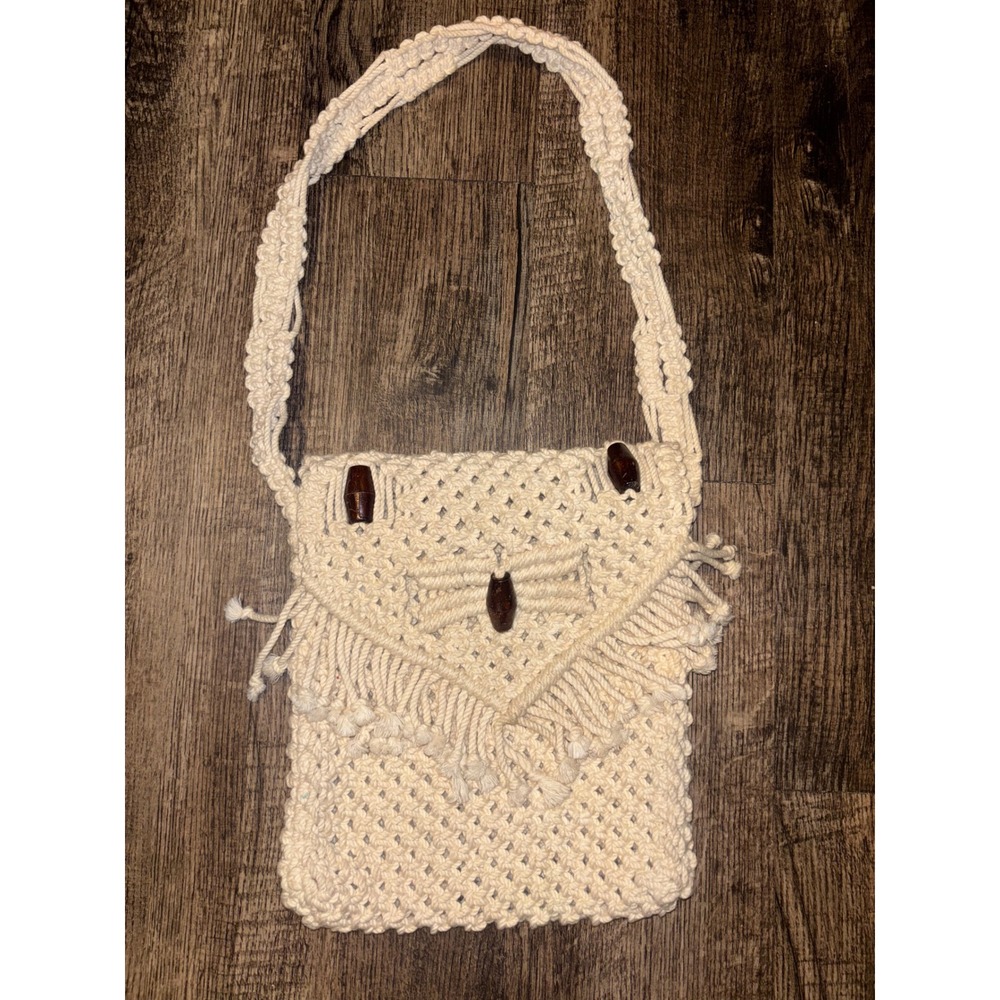Vintage Boho Macrame Crossbody Bag Cream Fringed Wood Bead Festival Purse